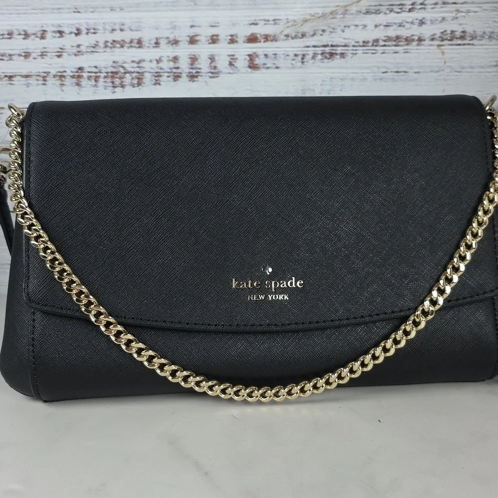 KATE SPADE BLACK CLUTCH CROSSBODY SHOULDER‎ BAG CARSON CONVERTIBLE GOLD CHAIN